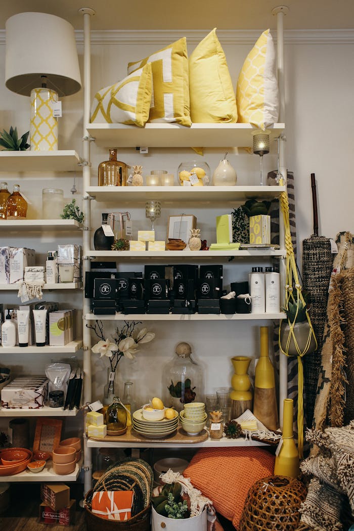 embark Stylish arrangement of household goods including pillows and decor in a cozy store setting.