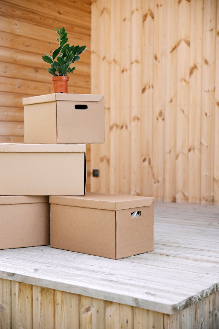 gallery-03 A stack of cardboard boxes with a potted plant on a wooden porch, perfect for moving or storage themes.